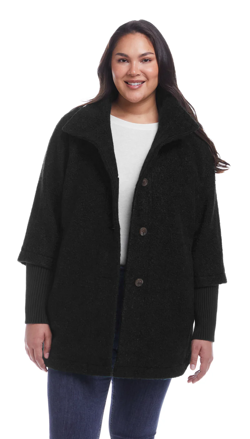 BUTTON FRONT BOUCLE TOPPER WITH KNIT SLEEVES - Image 16