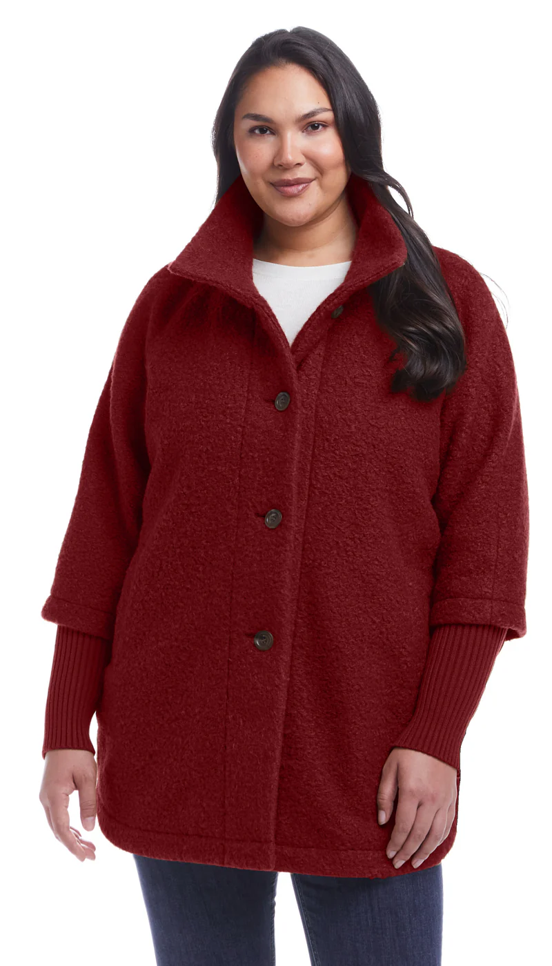 BUTTON FRONT BOUCLE TOPPER WITH KNIT SLEEVES - Image 19