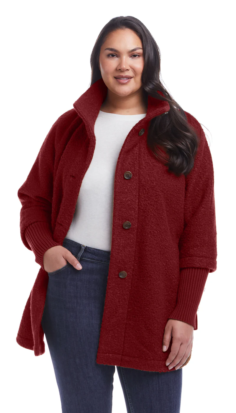 BUTTON FRONT BOUCLE TOPPER WITH KNIT SLEEVES - Image 24