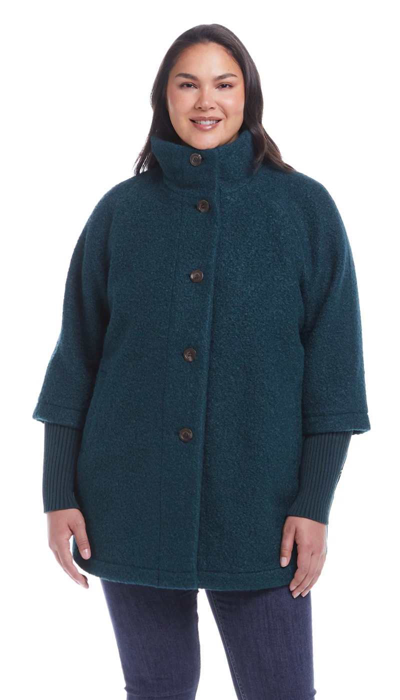 BUTTON FRONT BOUCLE TOPPER WITH KNIT SLEEVES - Image 26
