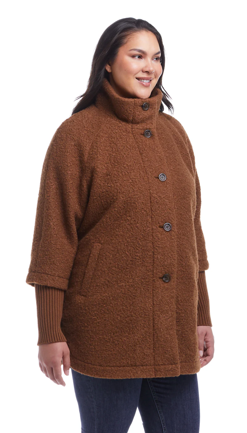 BUTTON FRONT BOUCLE TOPPER WITH KNIT SLEEVES - Image 4