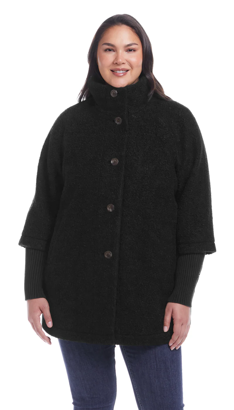 BUTTON FRONT BOUCLE TOPPER WITH KNIT SLEEVES - Image 9
