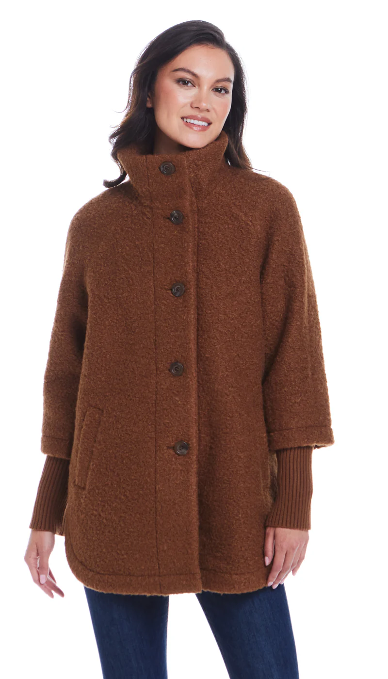 BUTTON FRONT BOUCLE TOPPER WITH KNIT SLEEVES - Image 11