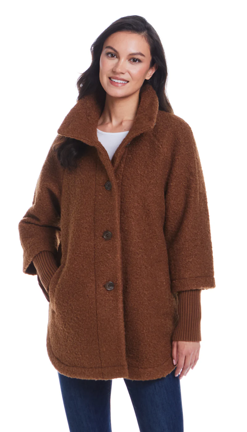BUTTON FRONT BOUCLE TOPPER WITH KNIT SLEEVES - Image 12