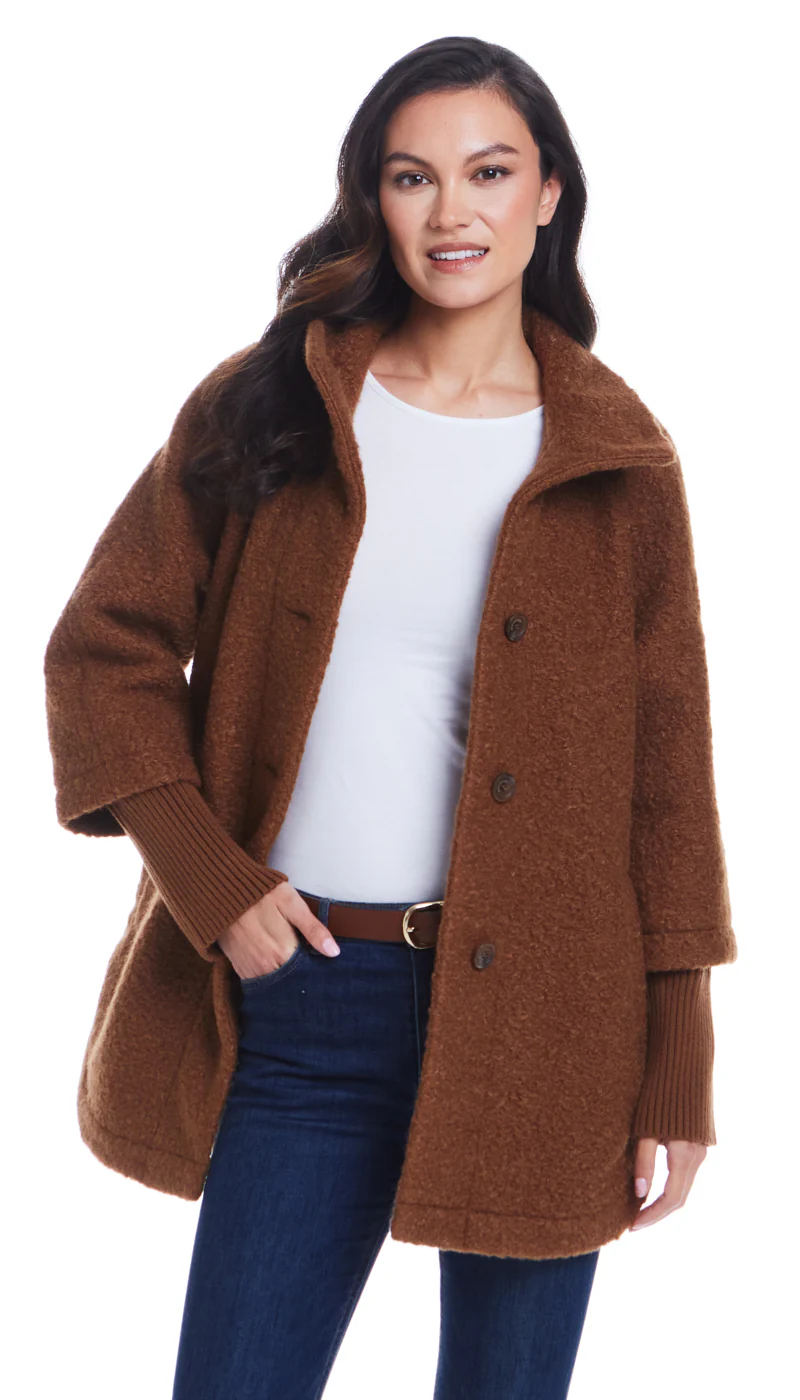 BUTTON FRONT BOUCLE TOPPER WITH KNIT SLEEVES - Image 16