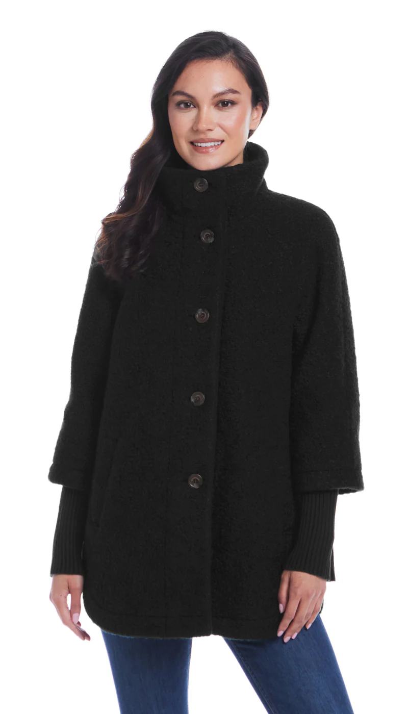 BUTTON FRONT BOUCLE TOPPER WITH KNIT SLEEVES - Image 18