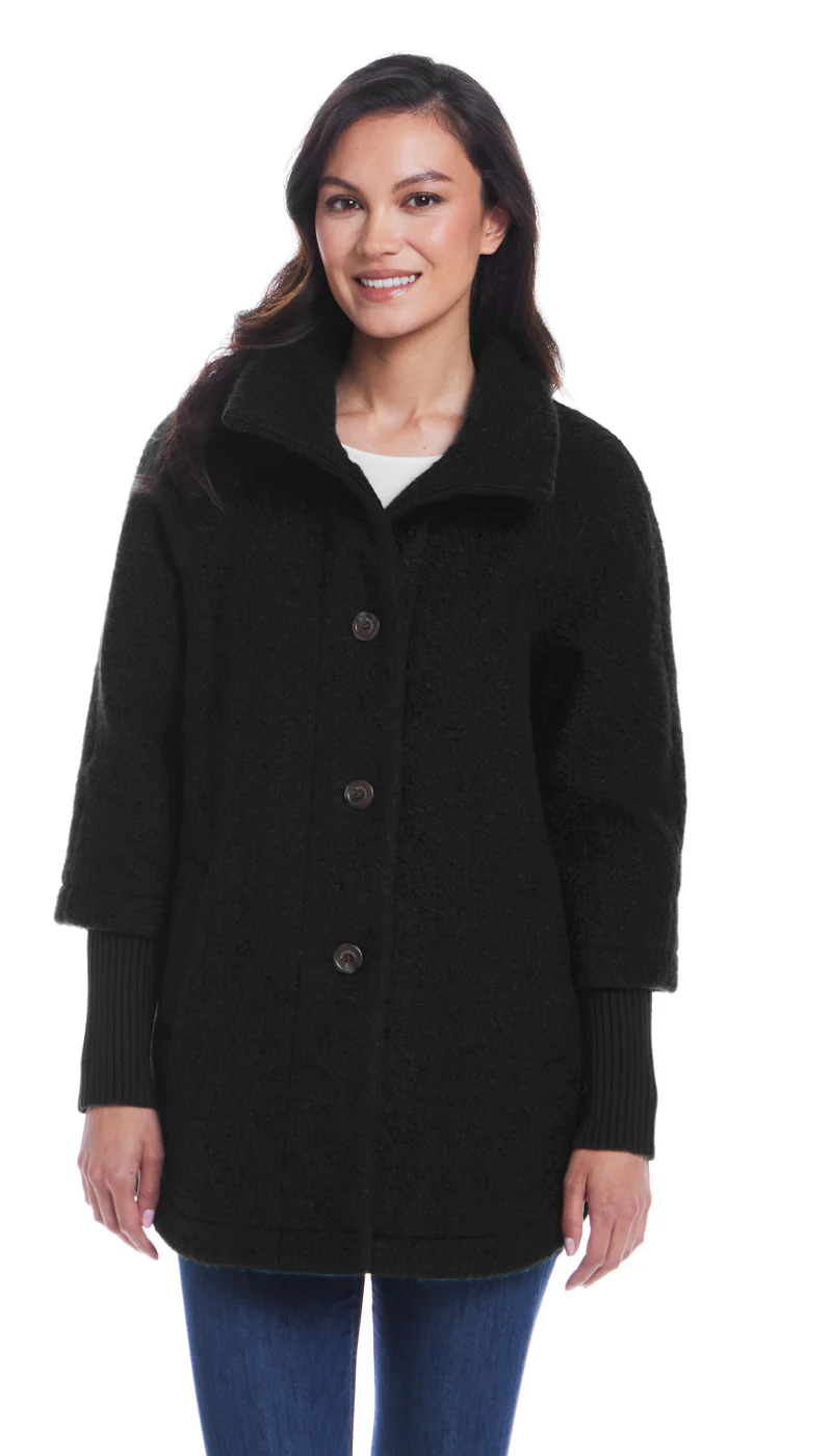 BUTTON FRONT BOUCLE TOPPER WITH KNIT SLEEVES - Image 19