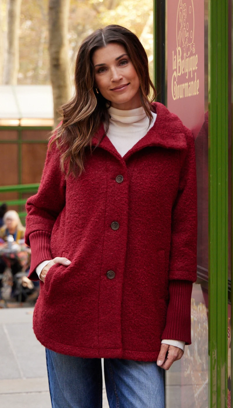 BUTTON FRONT BOUCLE TOPPER WITH KNIT SLEEVES - Image 24