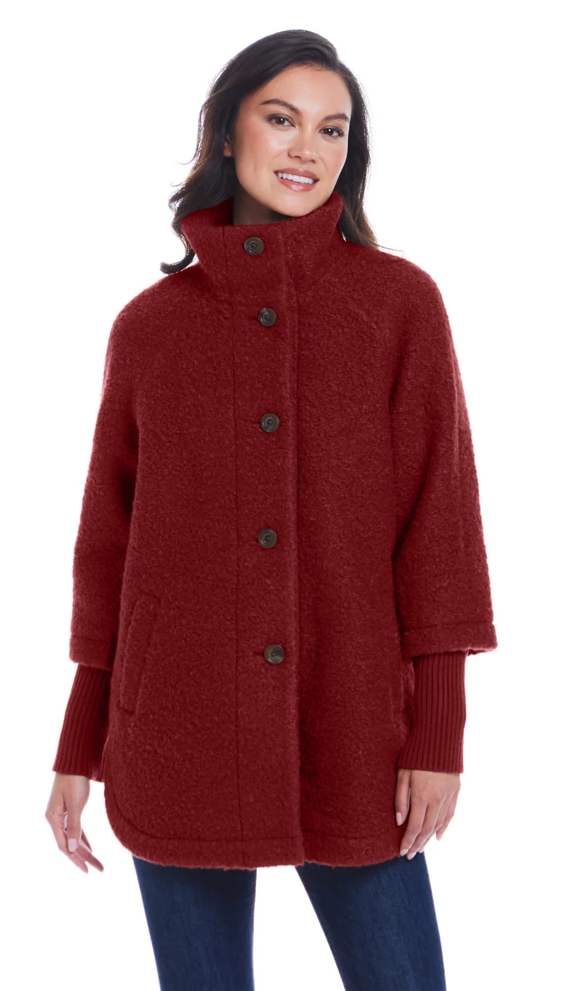 BUTTON FRONT BOUCLE TOPPER WITH KNIT SLEEVES - Image 25