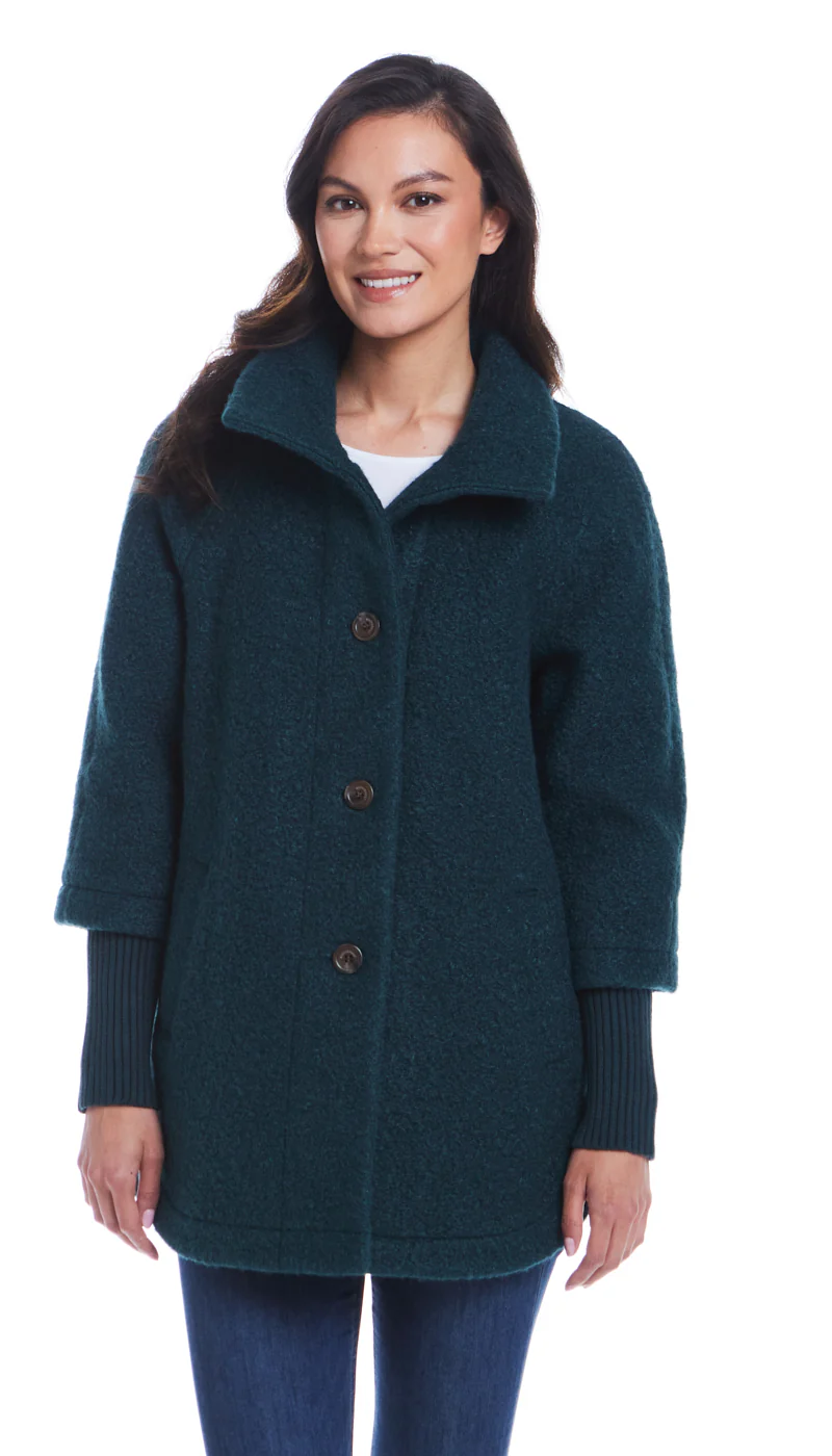 BUTTON FRONT BOUCLE TOPPER WITH KNIT SLEEVES - Image 3