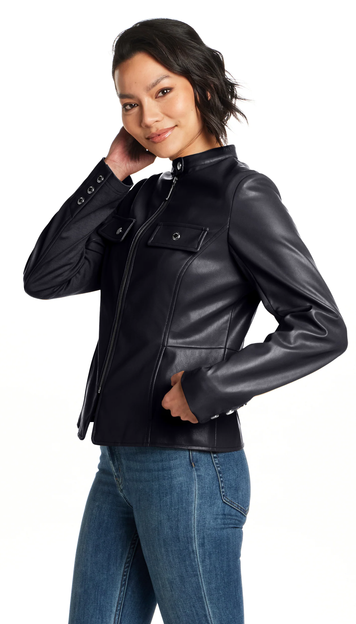 FAUX LEATHER JACKET WITH STRETCH KNIT - Image 4