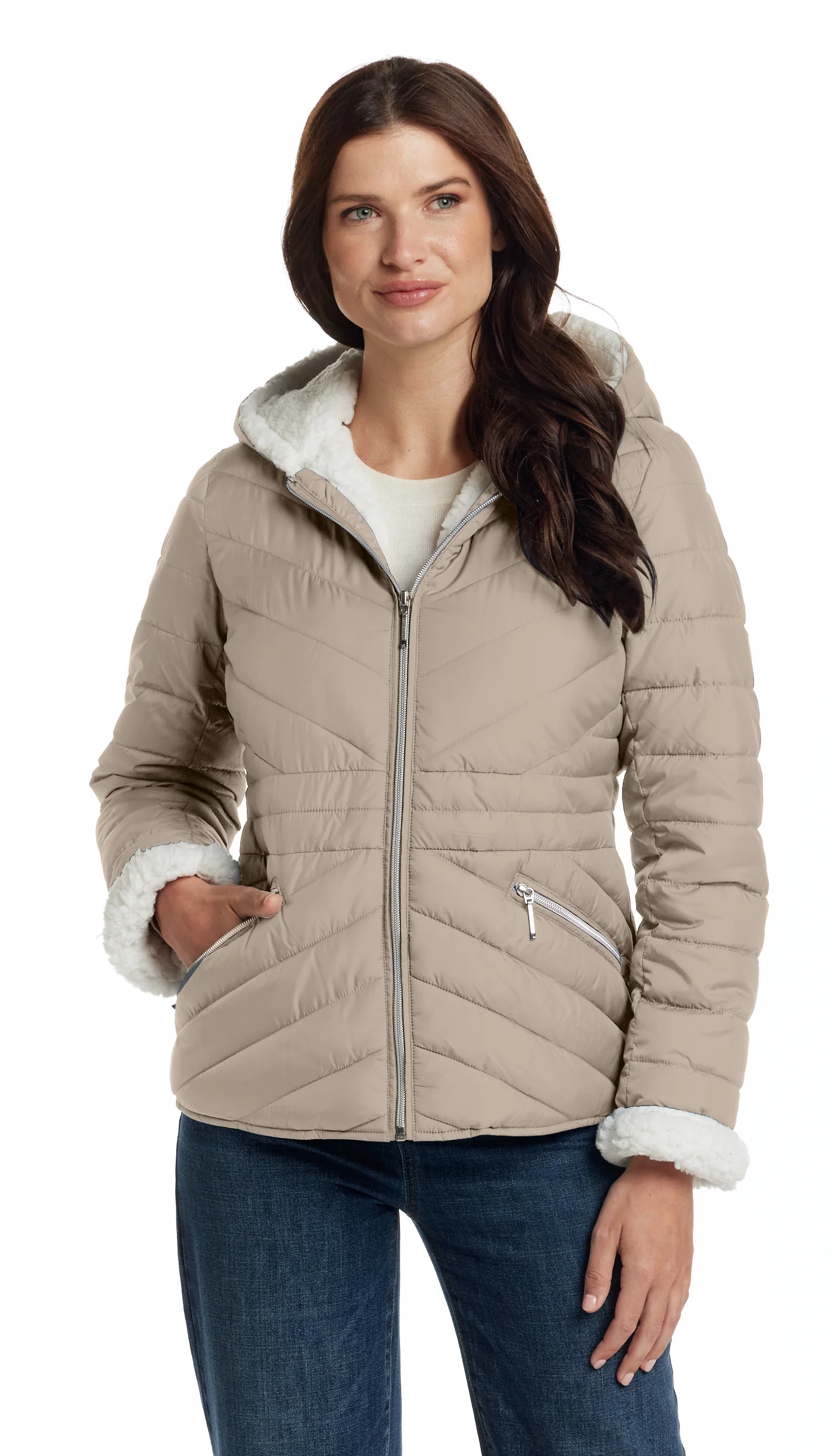 CHEVRON QUILTED PUFFER COAT WITH COZY FLEECE LINING - Image 16