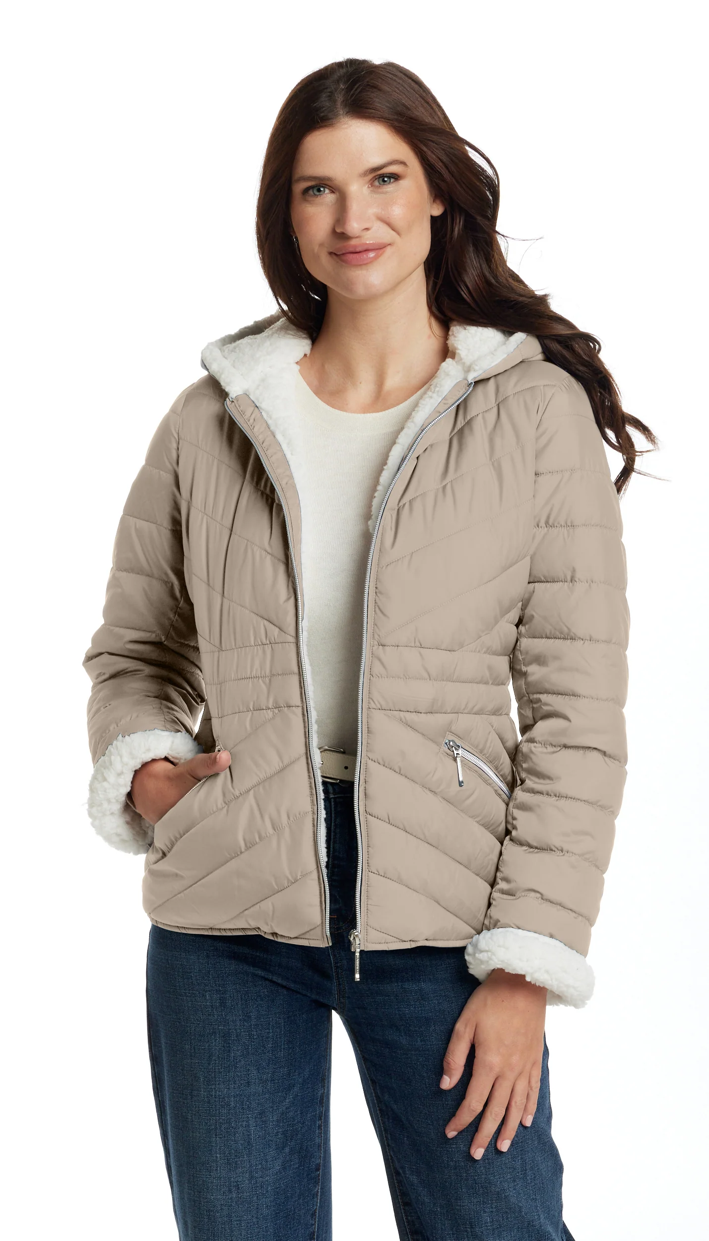 CHEVRON QUILTED PUFFER COAT WITH COZY FLEECE LINING - Image 20