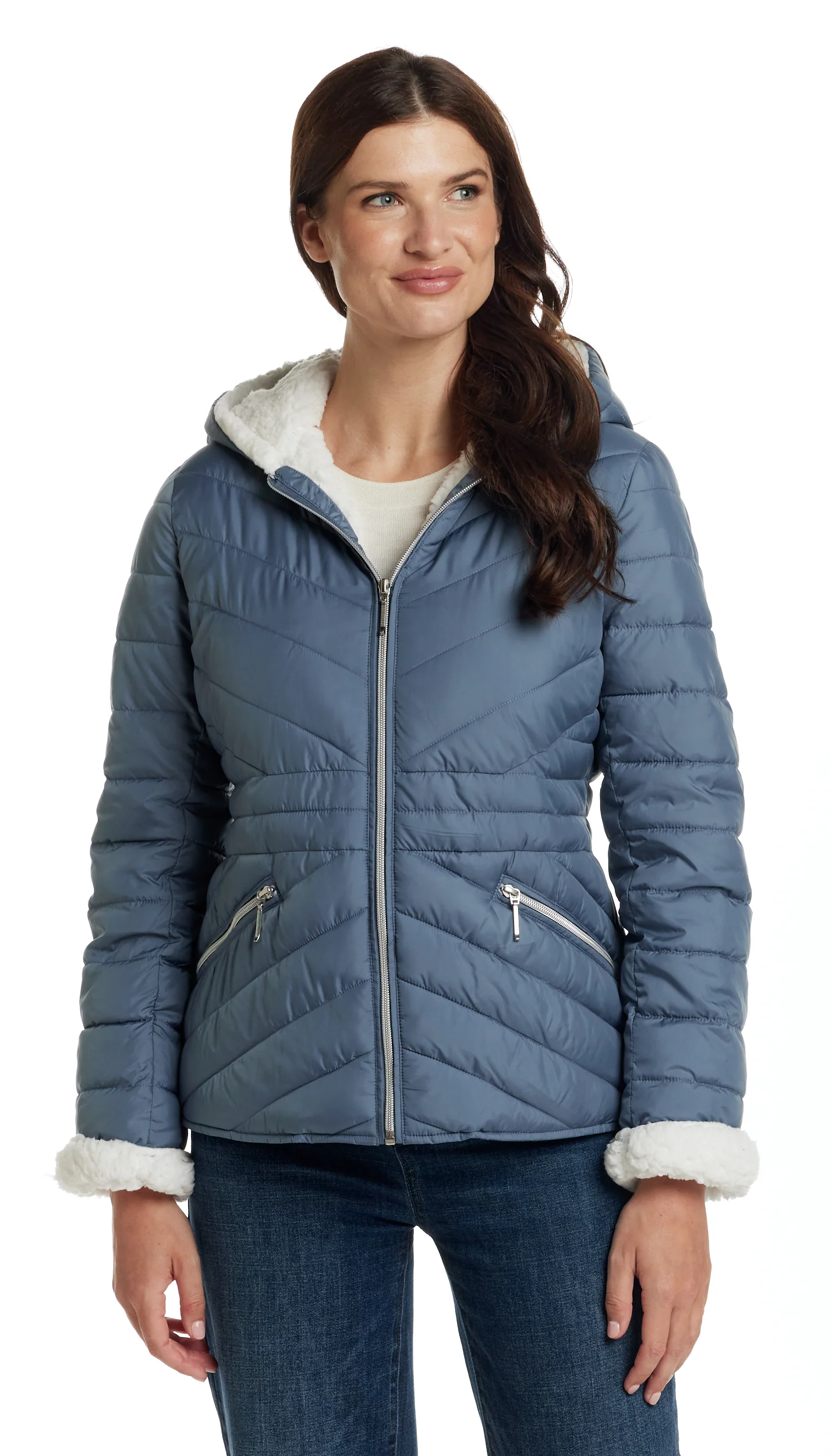 CHEVRON QUILTED PUFFER COAT WITH COZY FLEECE LINING - Image 3