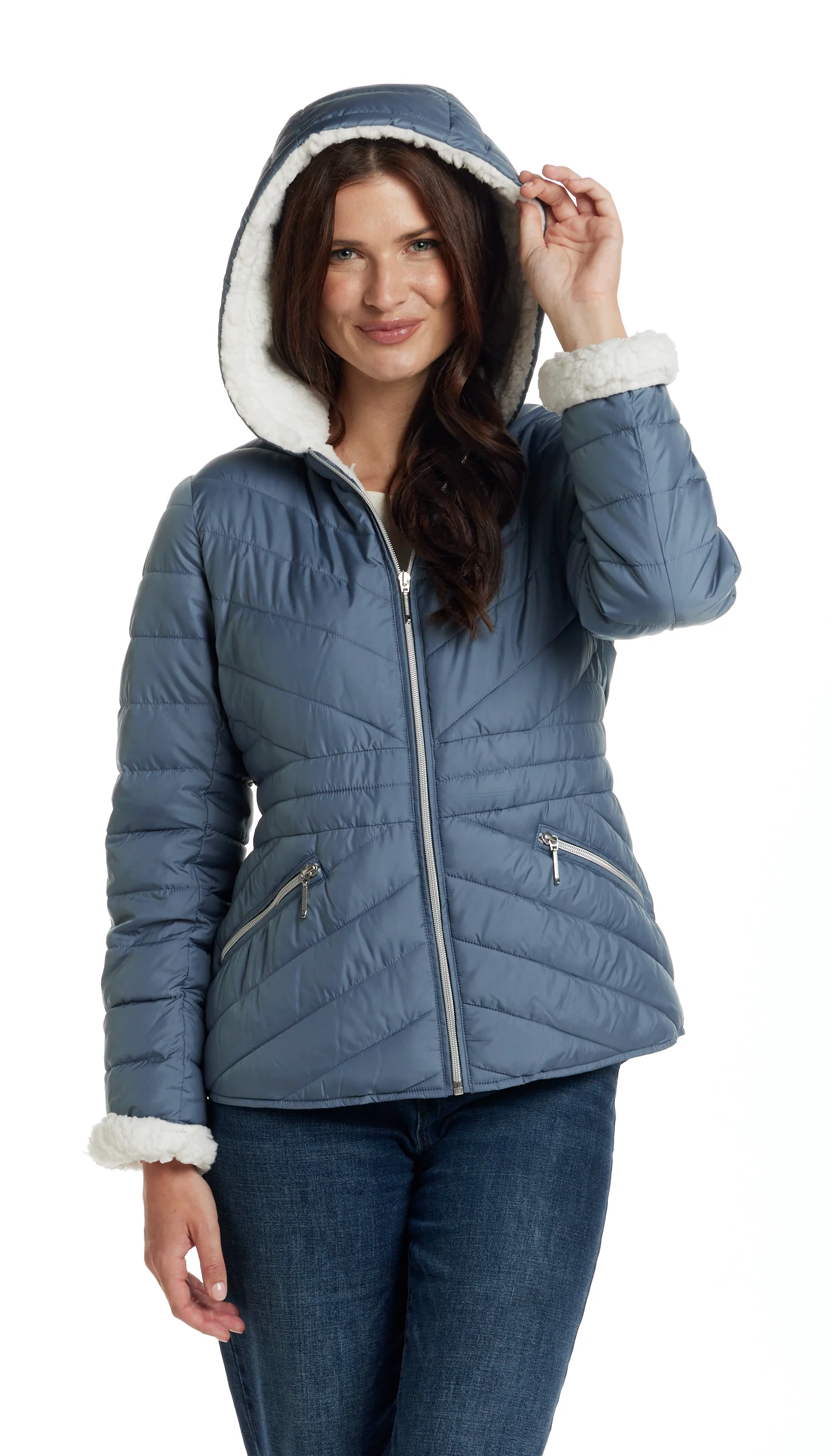 CHEVRON QUILTED PUFFER COAT WITH COZY FLEECE LINING - Image 7